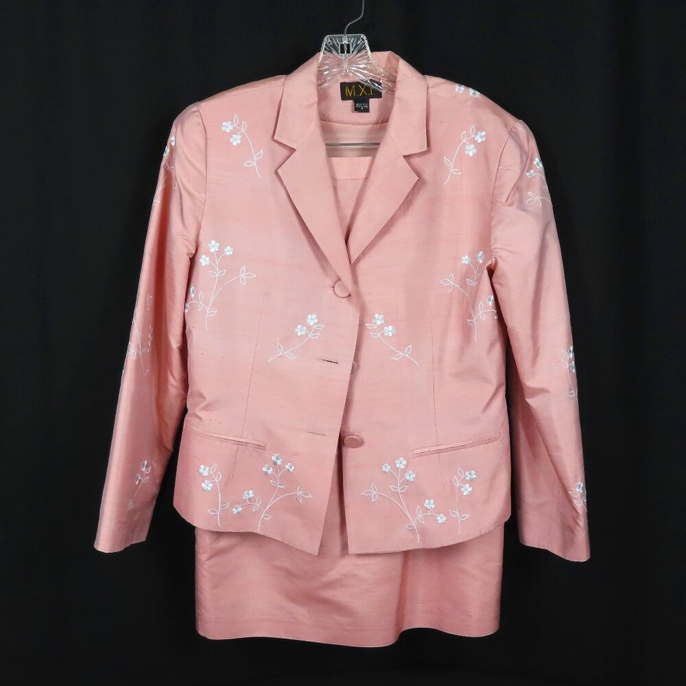 Vintage M.X.I. Peach Pink Embroidered Flower Silk Suit Sz. 10